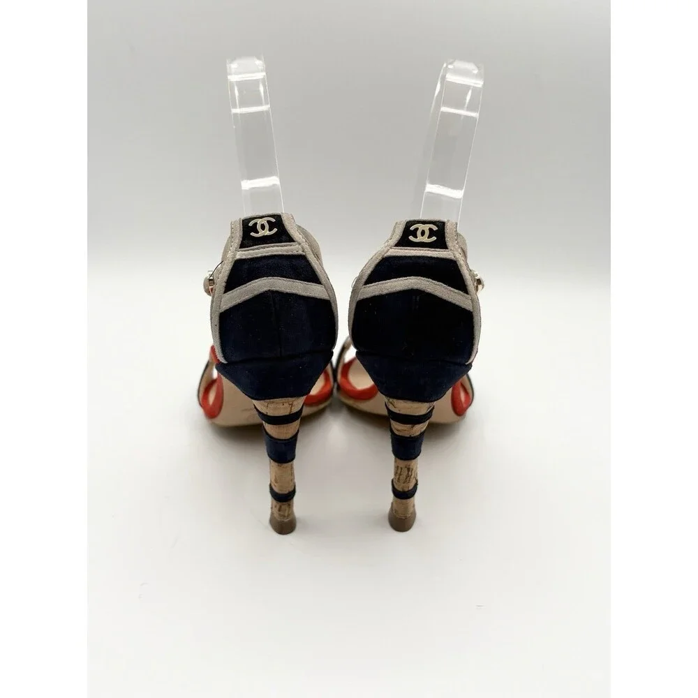 Chanel Navy & Red Suede & Cork Striped Sandals CC Logo Heel Nautical Size EU 36
